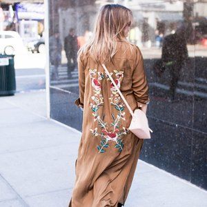 Olive Green Embroidered Button Up Duster
